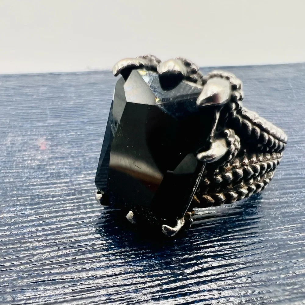 Dragon claw black stone ring epic fantasy silver size 12.5